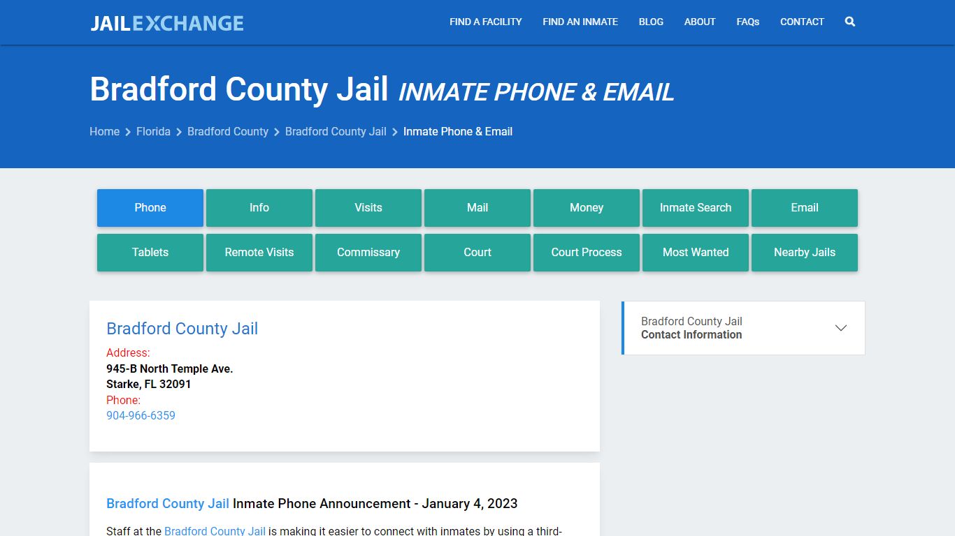 Inmate Phone - Bradford County Jail, FL - Jail Exchange